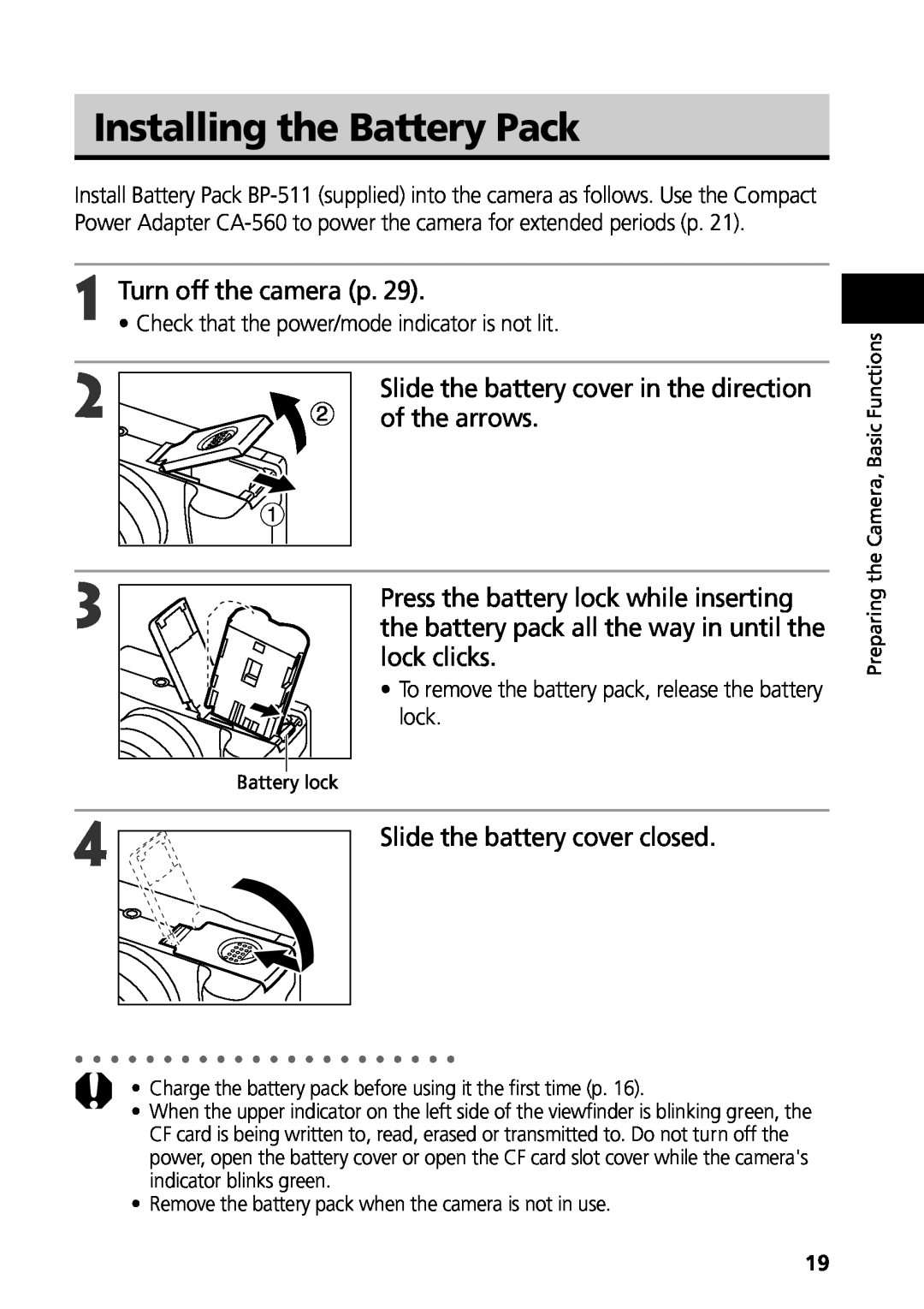 Canon G3 manual Installing the Battery Pack, Turn off the camera p, Slide the battery cover in the direction, of the arrows 