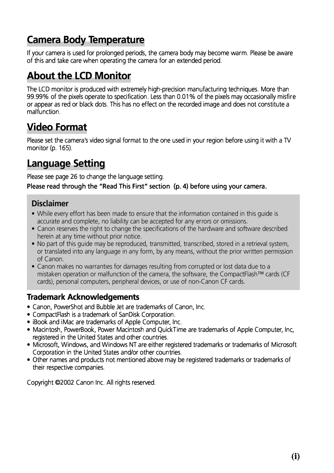Canon G3 manual Camera Body Temperature, About the LCD Monitor, Video Format, Language Setting, Disclaimer 