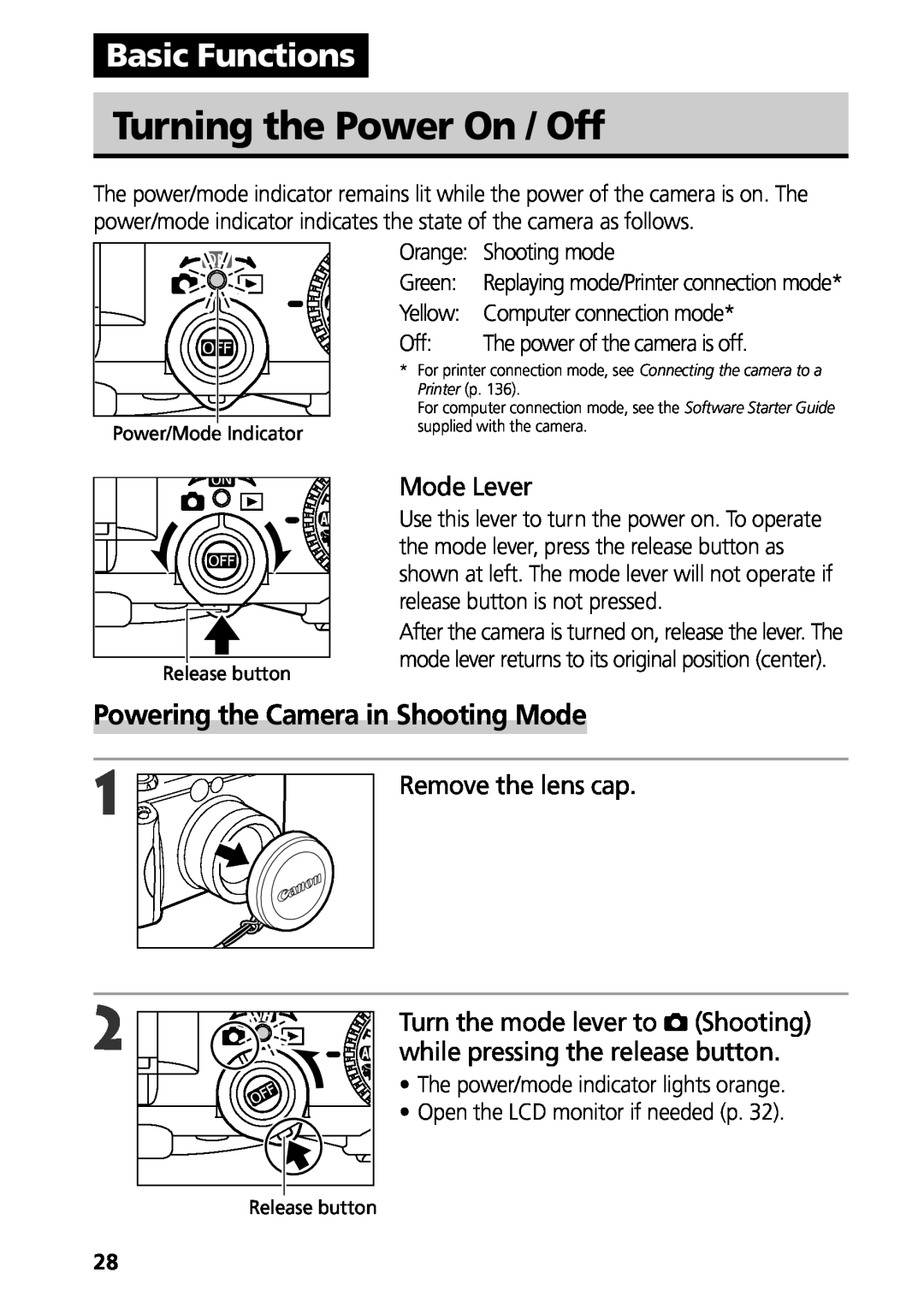 Canon G3 manual Turning the Power On / Off, Basic Functions, Powering the Camera in Shooting Mode, Mode Lever 