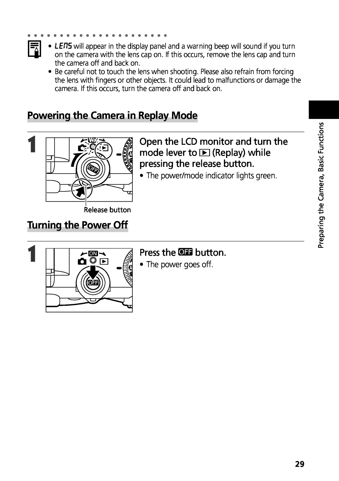 Canon G3 manual Powering the Camera in Replay Mode, Turning the Power Off, Press the, button, The power goes off 