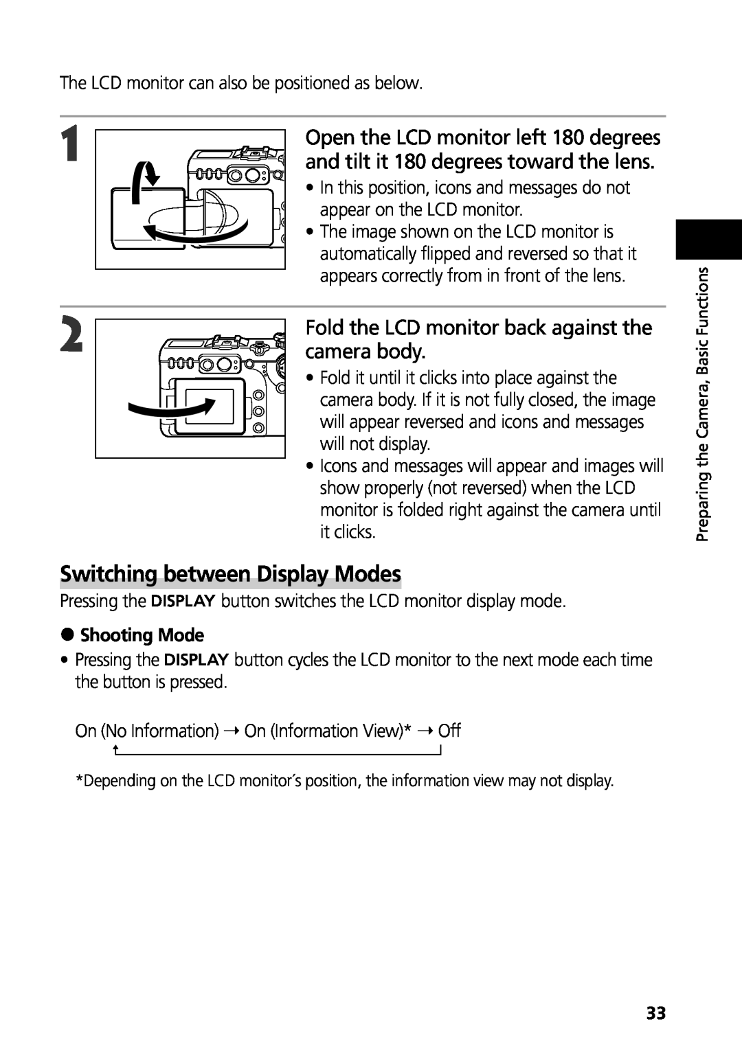 Canon G3 manual Switching between Display Modes, and tilt it 180 degrees toward the lens, camera body, Shooting Mode 
