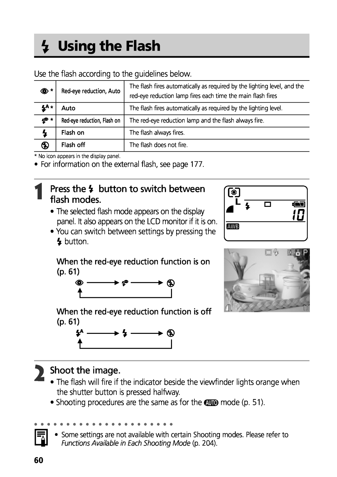 Canon G3 manual Using the Flash, Press the button to switch between flash modes, Shoot the image 