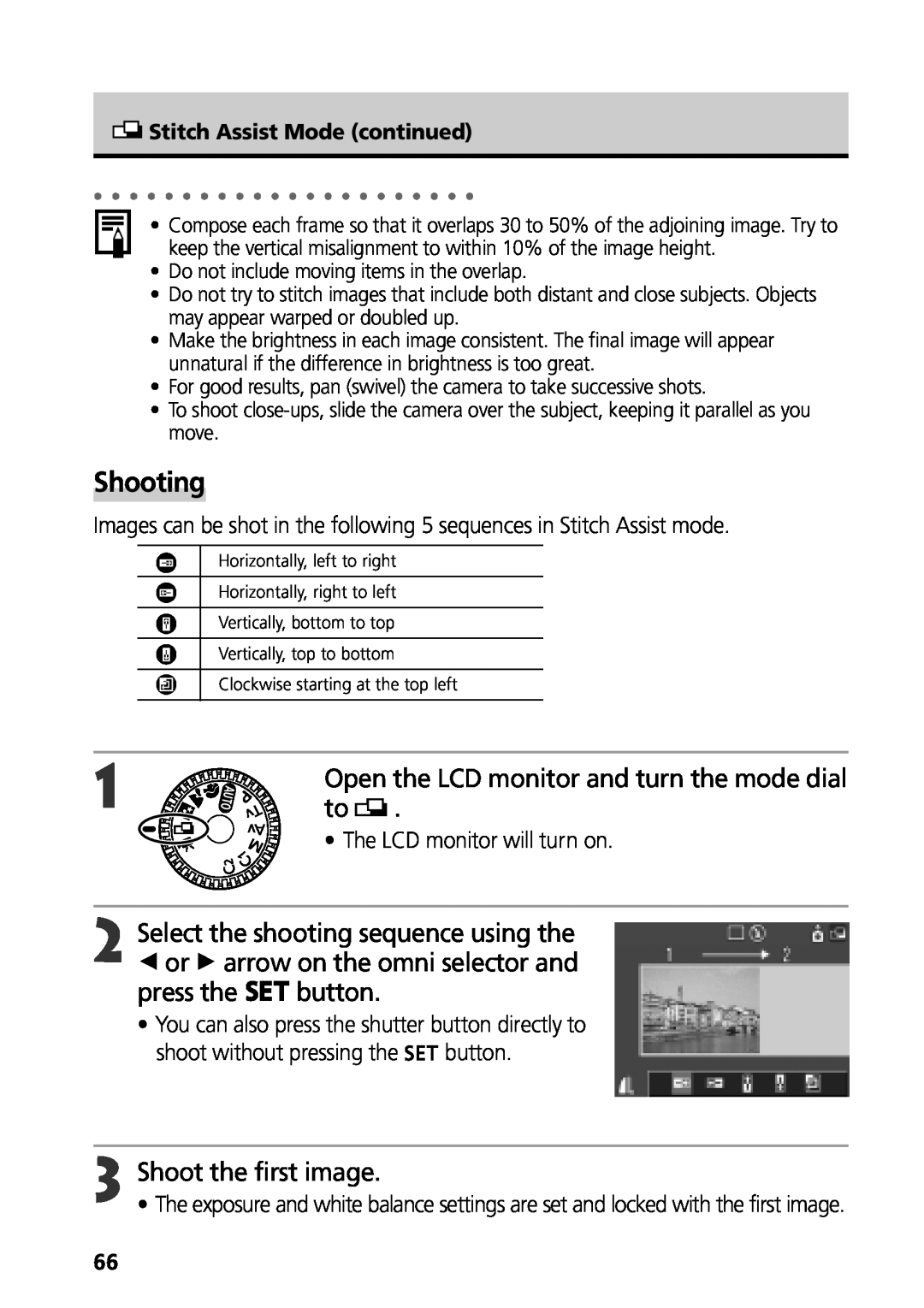 Canon G3 manual Shooting, Open the LCD monitor and turn the mode dial, Select the shooting sequence using the 