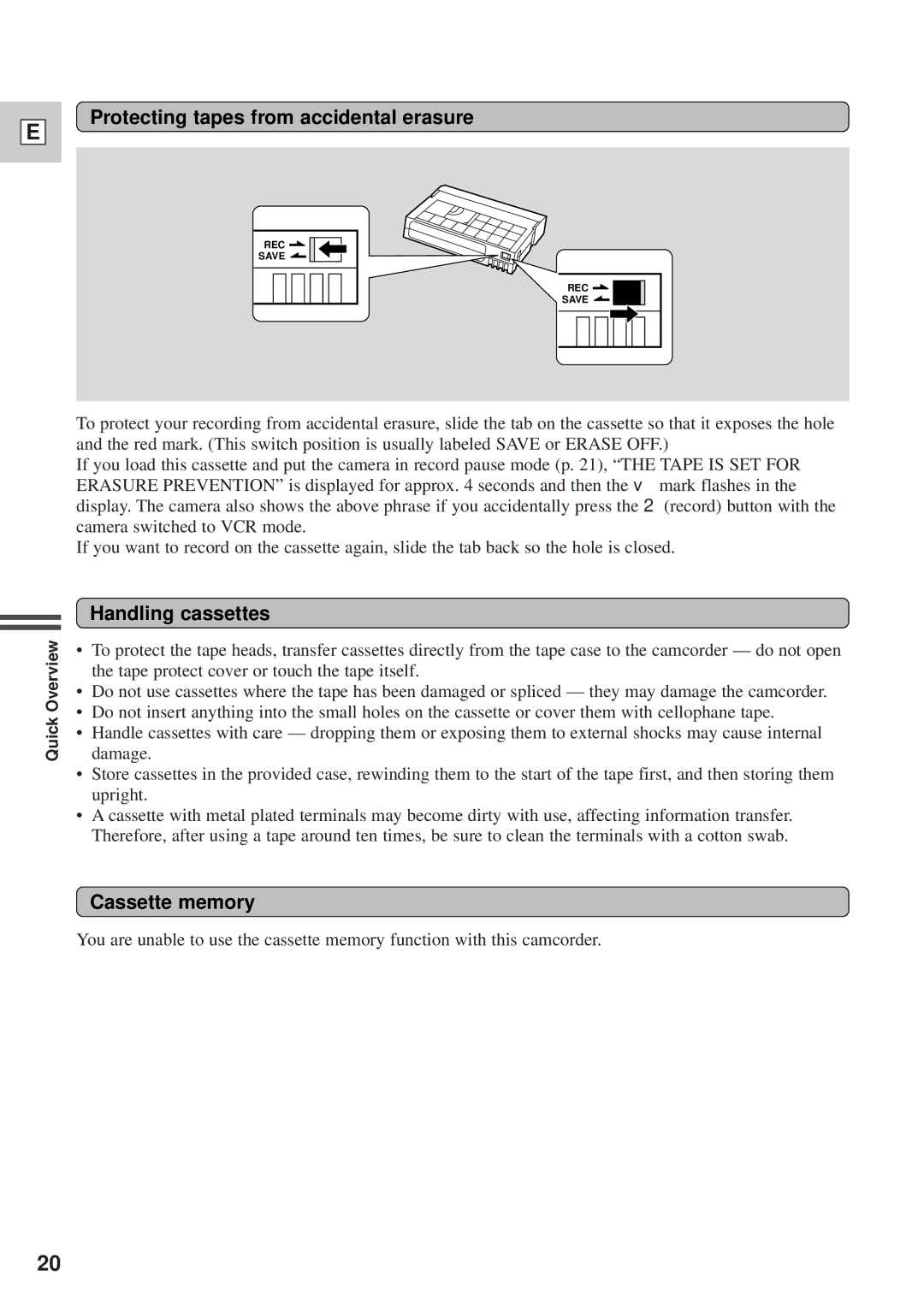 Canon GL1 instruction manual Protecting tapes from accidental erasure, Handling cassettes, Cassette memory 