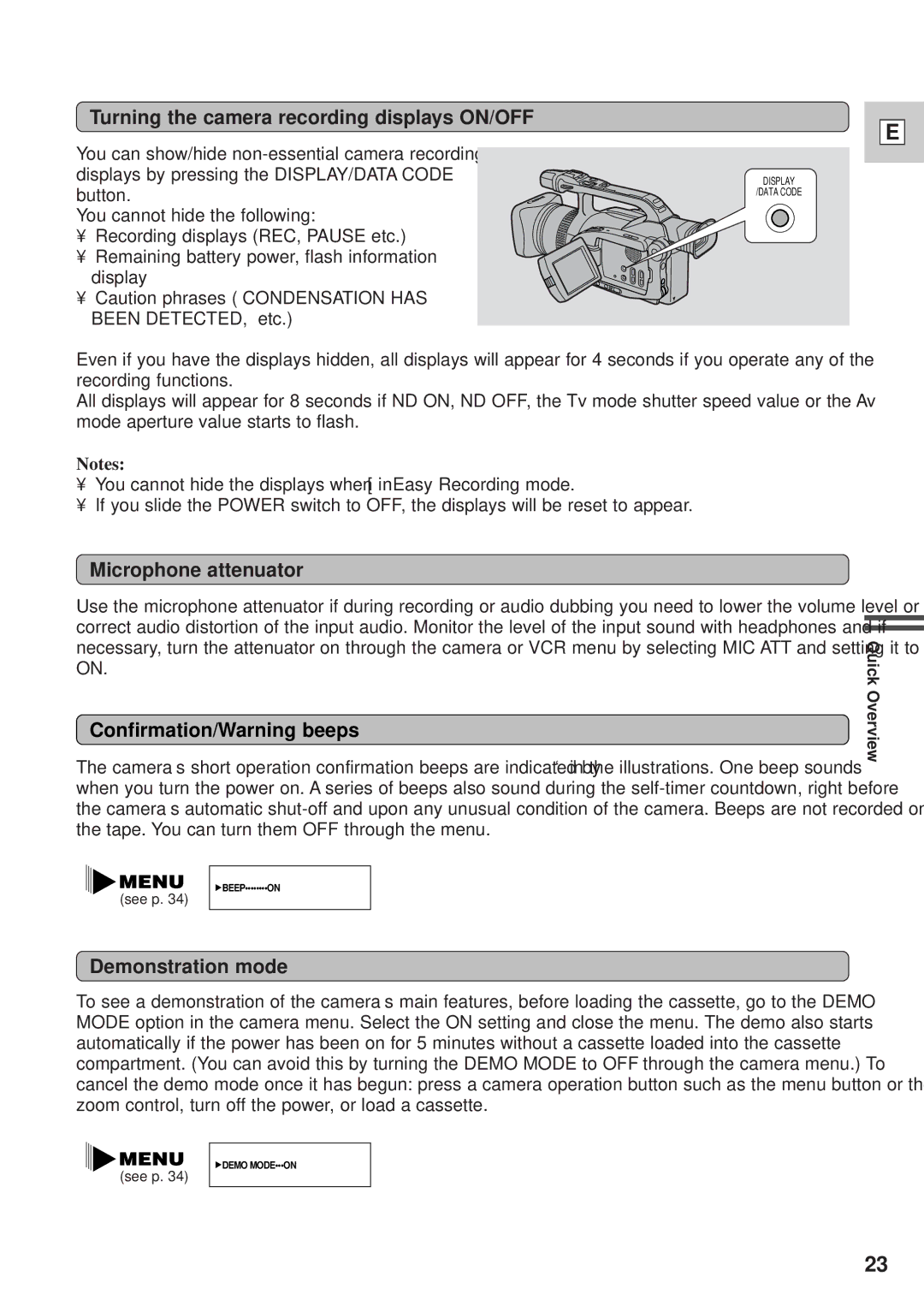 Canon GL1 Turning the camera recording displays ON/OFF, Microphone attenuator, Confirmation/Warning beeps 