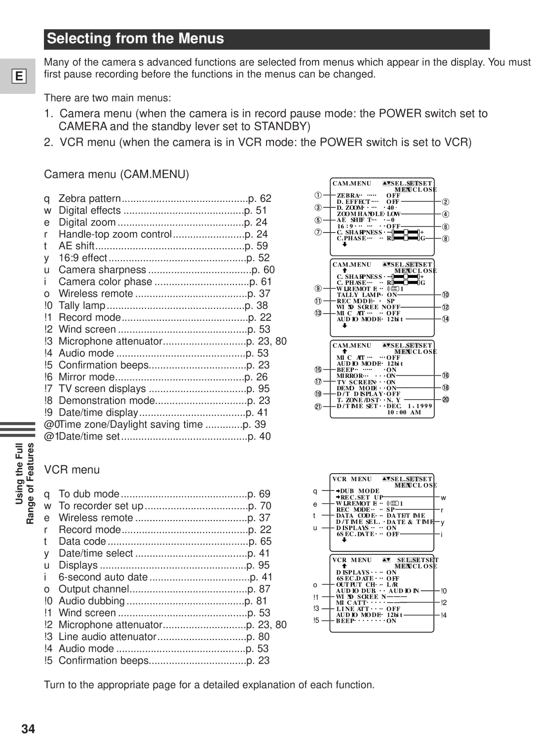 Canon GL1 instruction manual Selecting from the Menus, VCR menu 