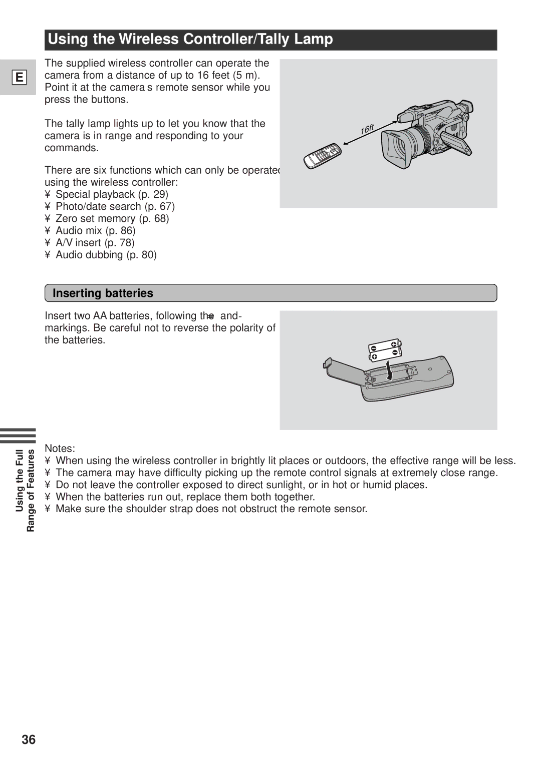 Canon GL1 instruction manual Using the Wireless Controller/Tally Lamp, Inserting batteries 