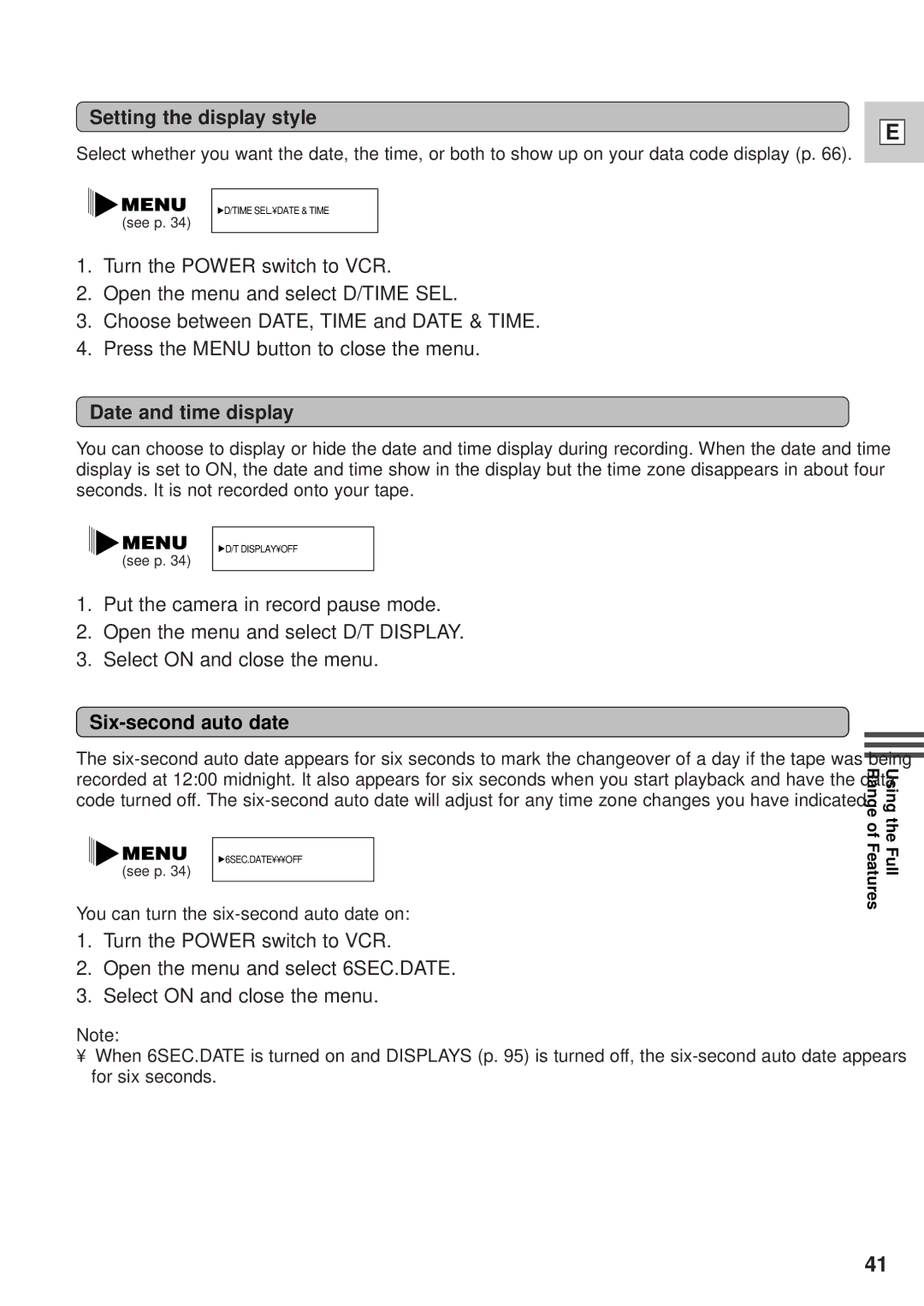 Canon GL1 instruction manual Setting the display style, Date and time display, Six-second auto date 