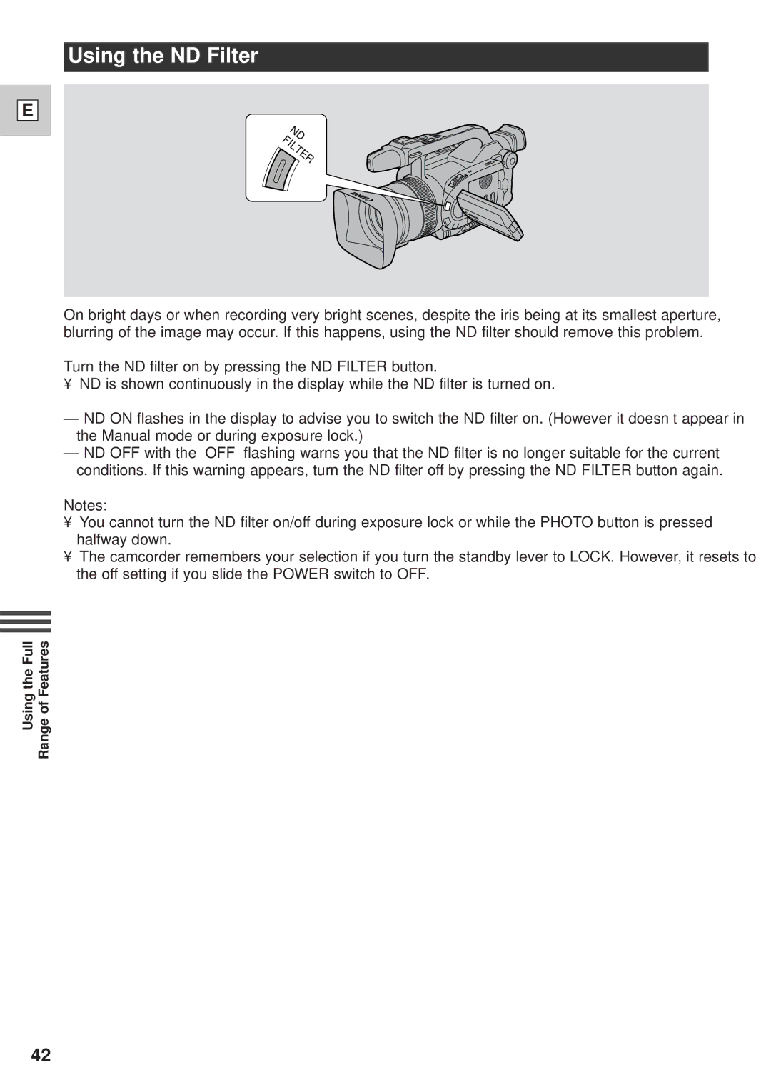 Canon GL1 instruction manual Using the ND Filter 