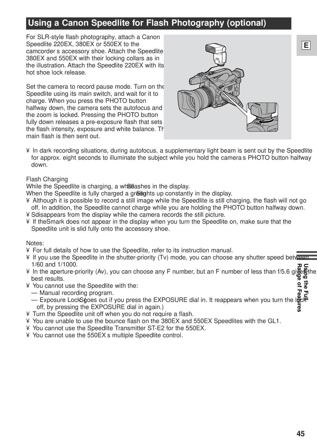 Canon GL1 instruction manual Using a Canon Speedlite for Flash Photography optional, Flash Charging 