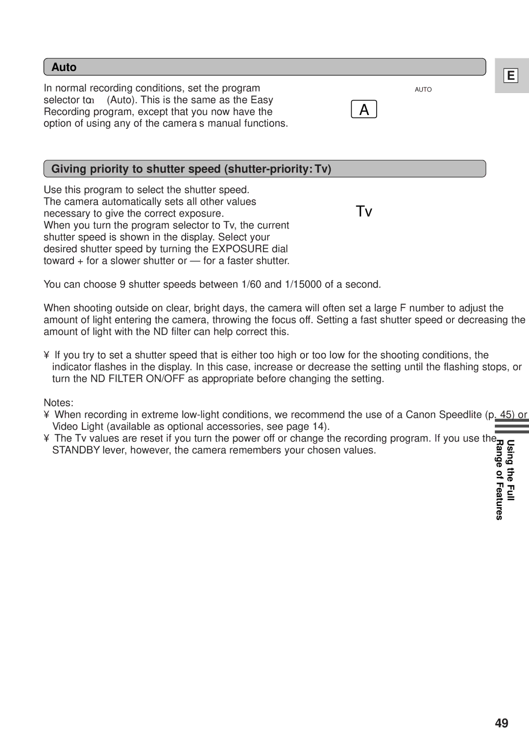 Canon GL1 instruction manual Auto, Giving priority to shutter speed shutter-priority Tv 