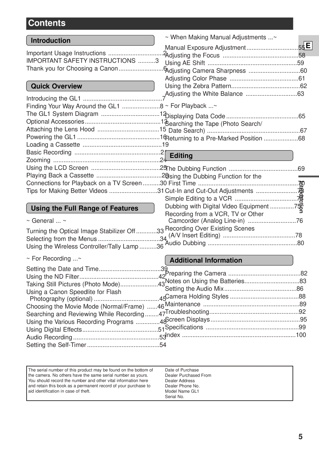 Canon GL1 instruction manual Contents 