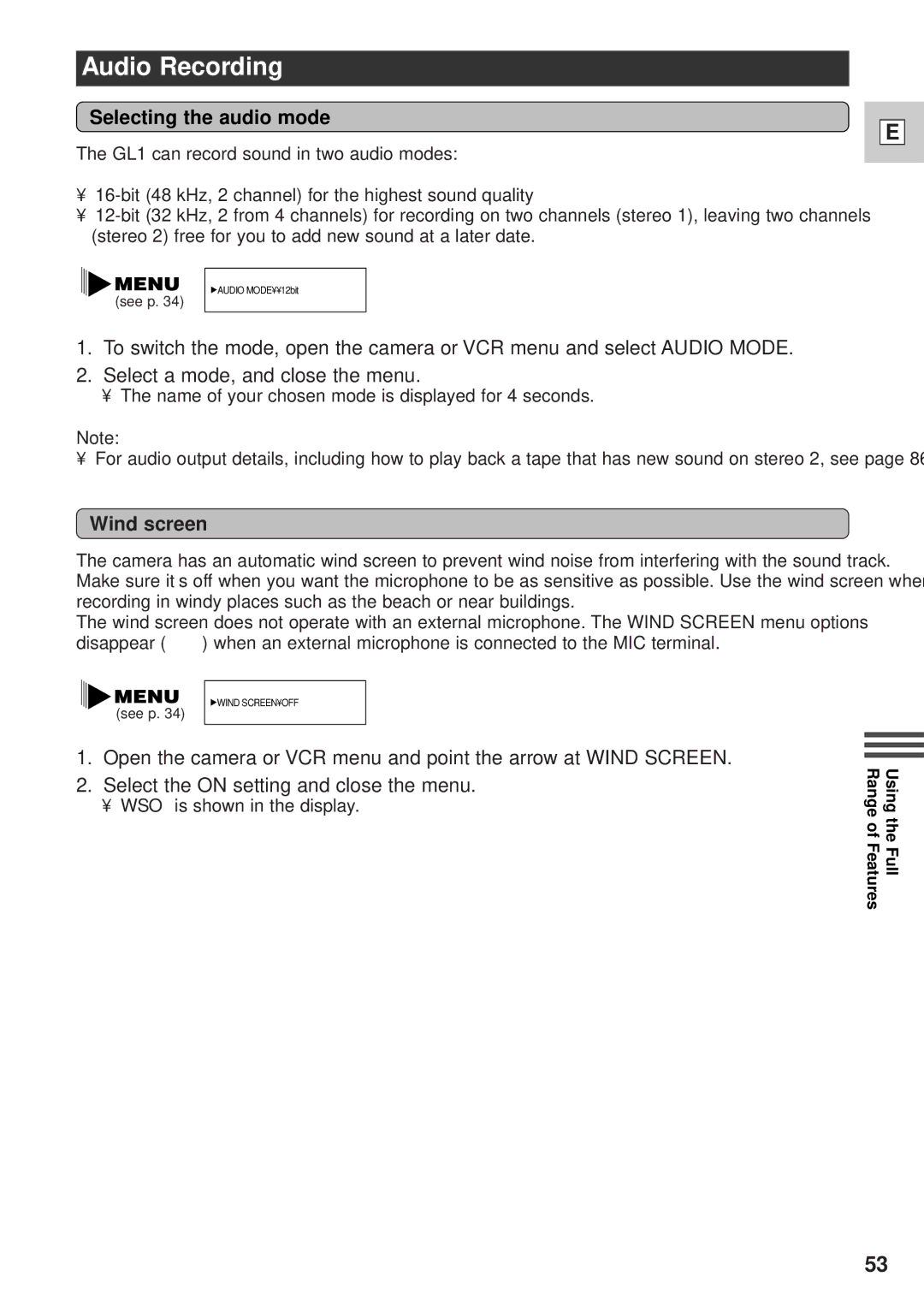 Canon GL1 instruction manual Audio Recording, Selecting the audio mode, Wind screen 