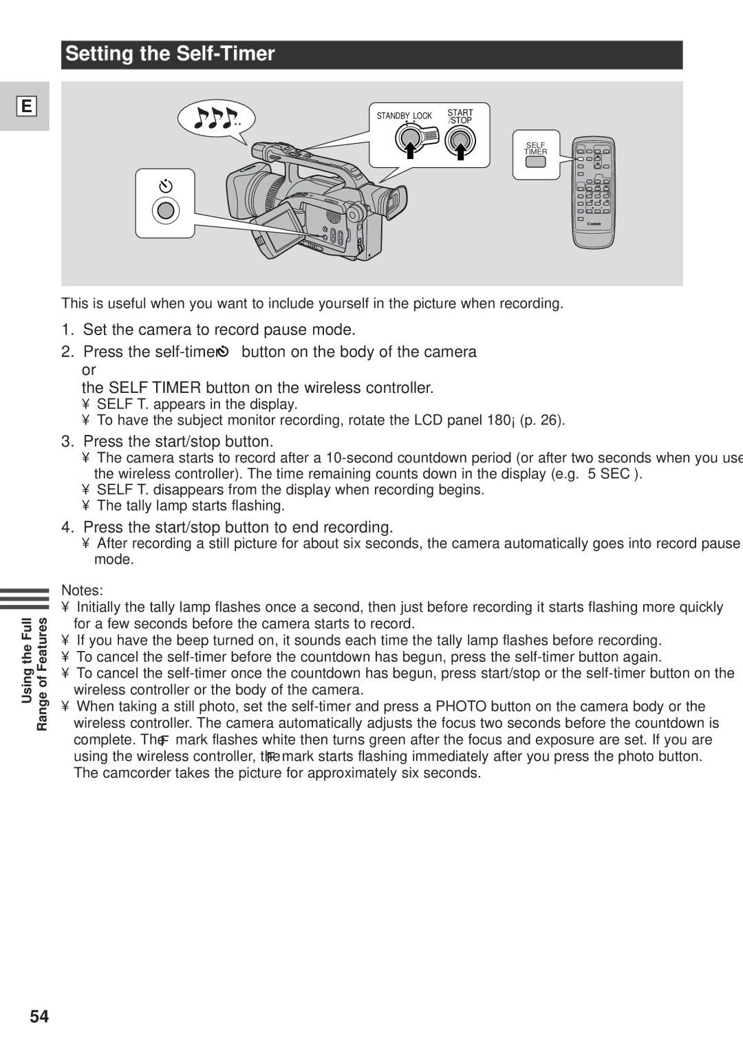 Canon GL1 instruction manual Setting the Self-Timer, Press the start/stop button to end recording 