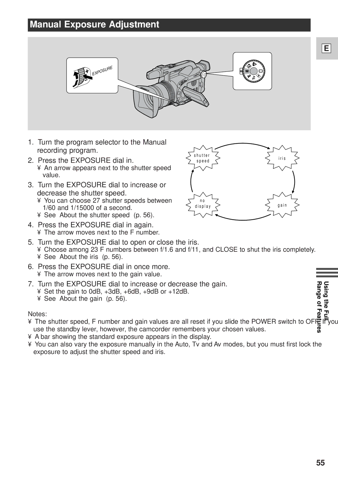 Canon GL1 Manual Exposure Adjustment, Press the Exposure dial in again, Turn the Exposure dial to open or close the iris 