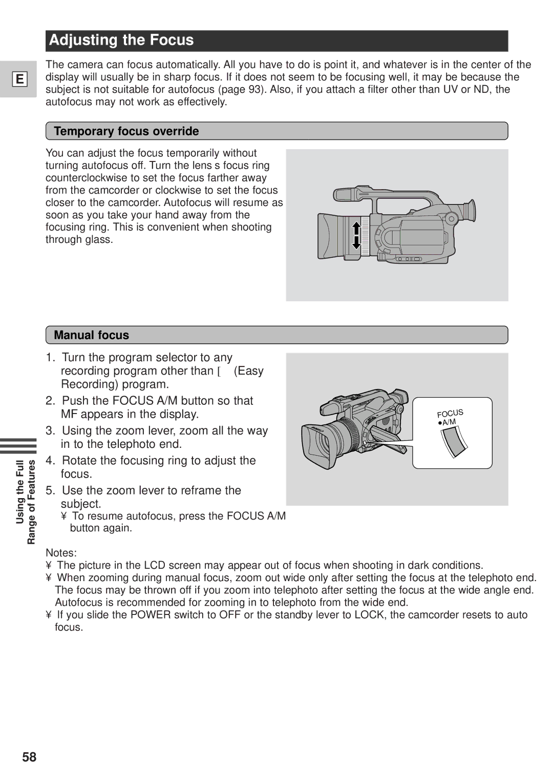 Canon GL1 instruction manual Adjusting the Focus, Temporary focus override, Manual focus 