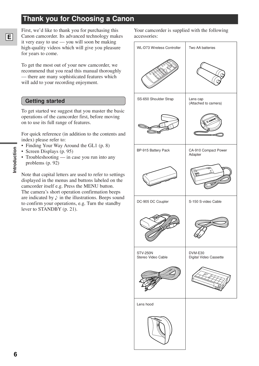 Canon GL1 instruction manual Thank you for Choosing a Canon, Getting started 