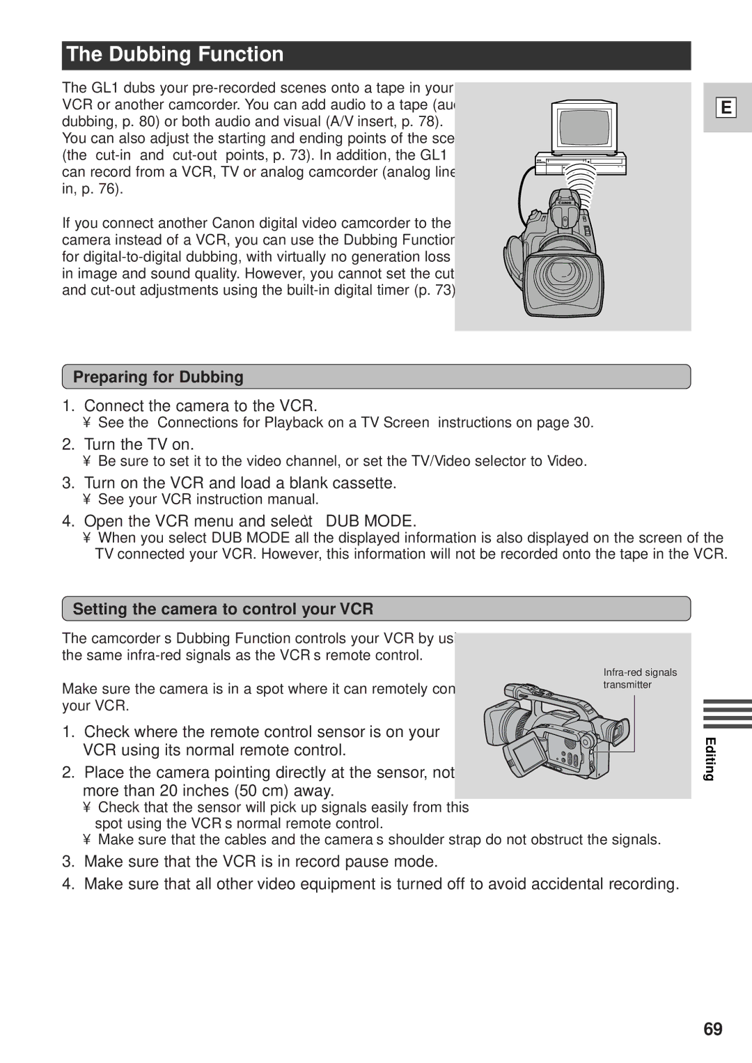 Canon GL1 instruction manual Dubbing Function, Preparing for Dubbing, Connect the camera to the VCR, Turn the TV on 