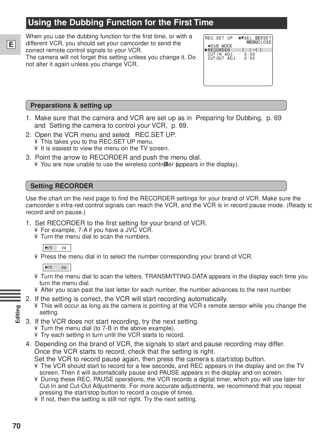 Canon GL1 instruction manual Using the Dubbing Function for the First Time, Preparations & setting up, Setting Recorder 