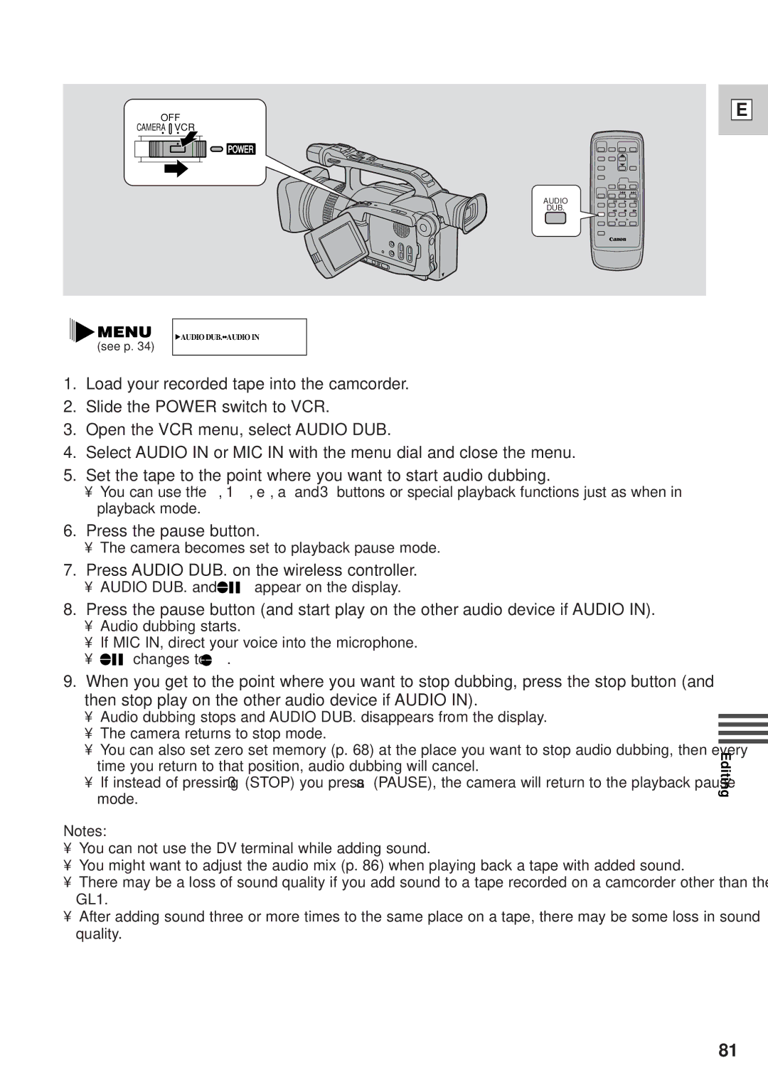 Canon GL1 instruction manual Press the pause button, Press Audio DUB. on the wireless controller 