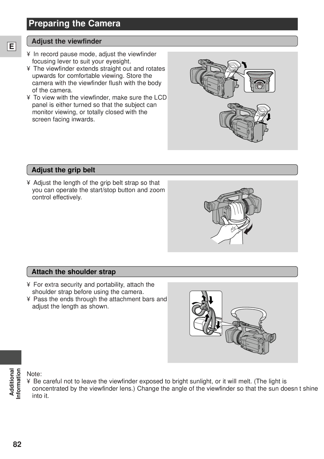 Canon GL1 instruction manual Preparing the Camera, Adjust the viewfinder, Adjust the grip belt, Attach the shoulder strap 