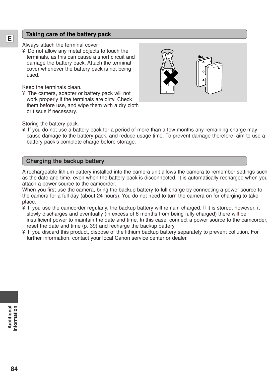 Canon GL1 instruction manual Taking care of the battery pack, Charging the backup battery, Always attach the terminal cover 