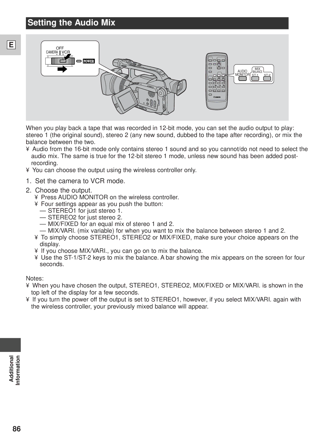 Canon GL1 instruction manual Setting the Audio Mix, Set the camera to VCR mode Choose the output 