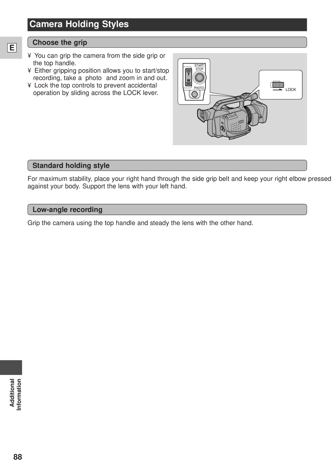 Canon GL1 instruction manual Camera Holding Styles, Choose the grip, Standard holding style, Low-angle recording 