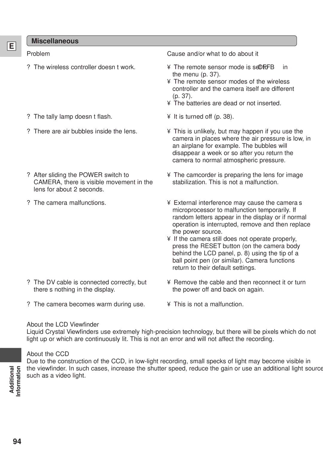 Canon GL1 instruction manual Miscellaneous, About the LCD Viewfinder, About the CCD 