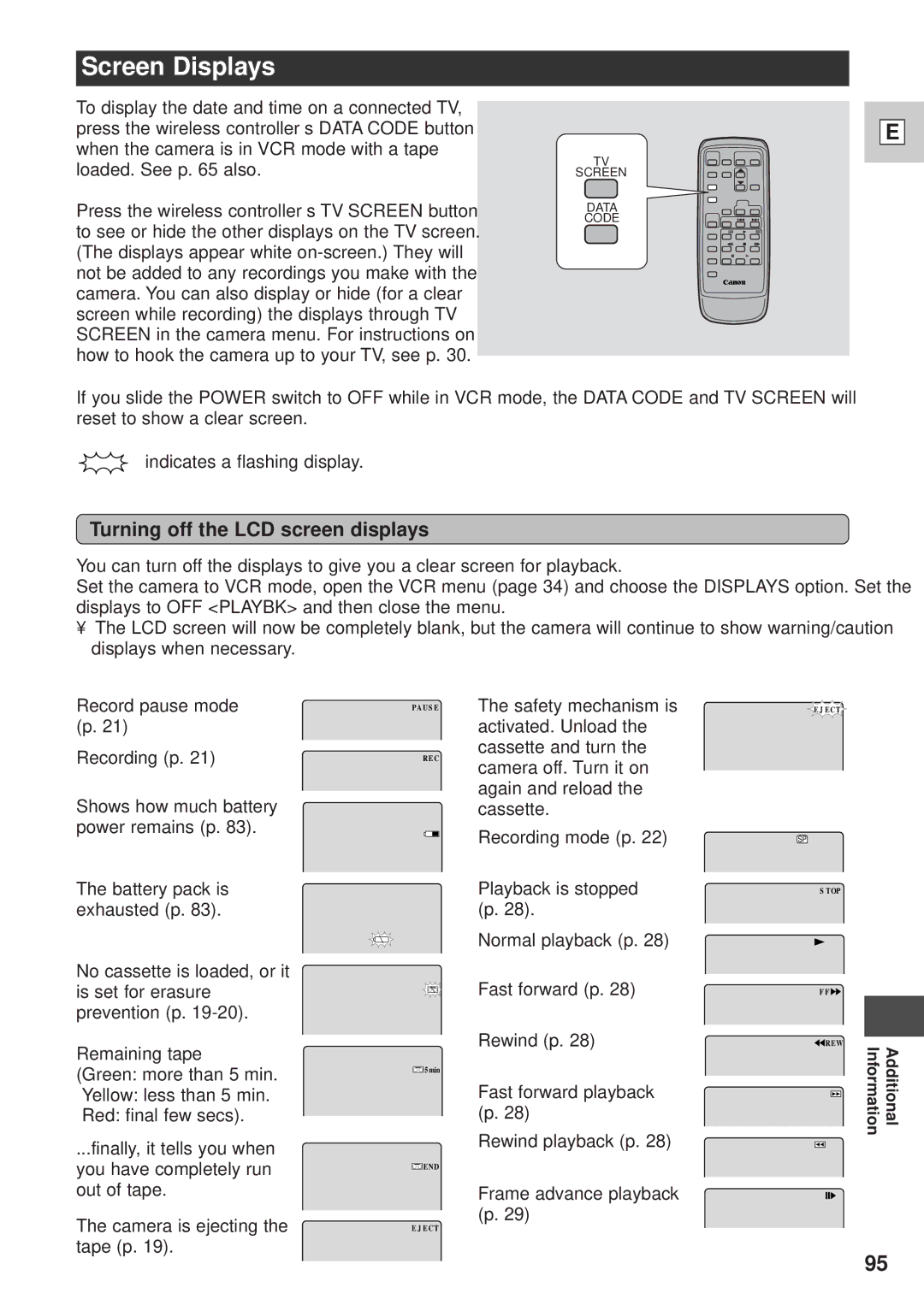 Canon GL1 instruction manual Screen Displays, Turning off the LCD screen displays 