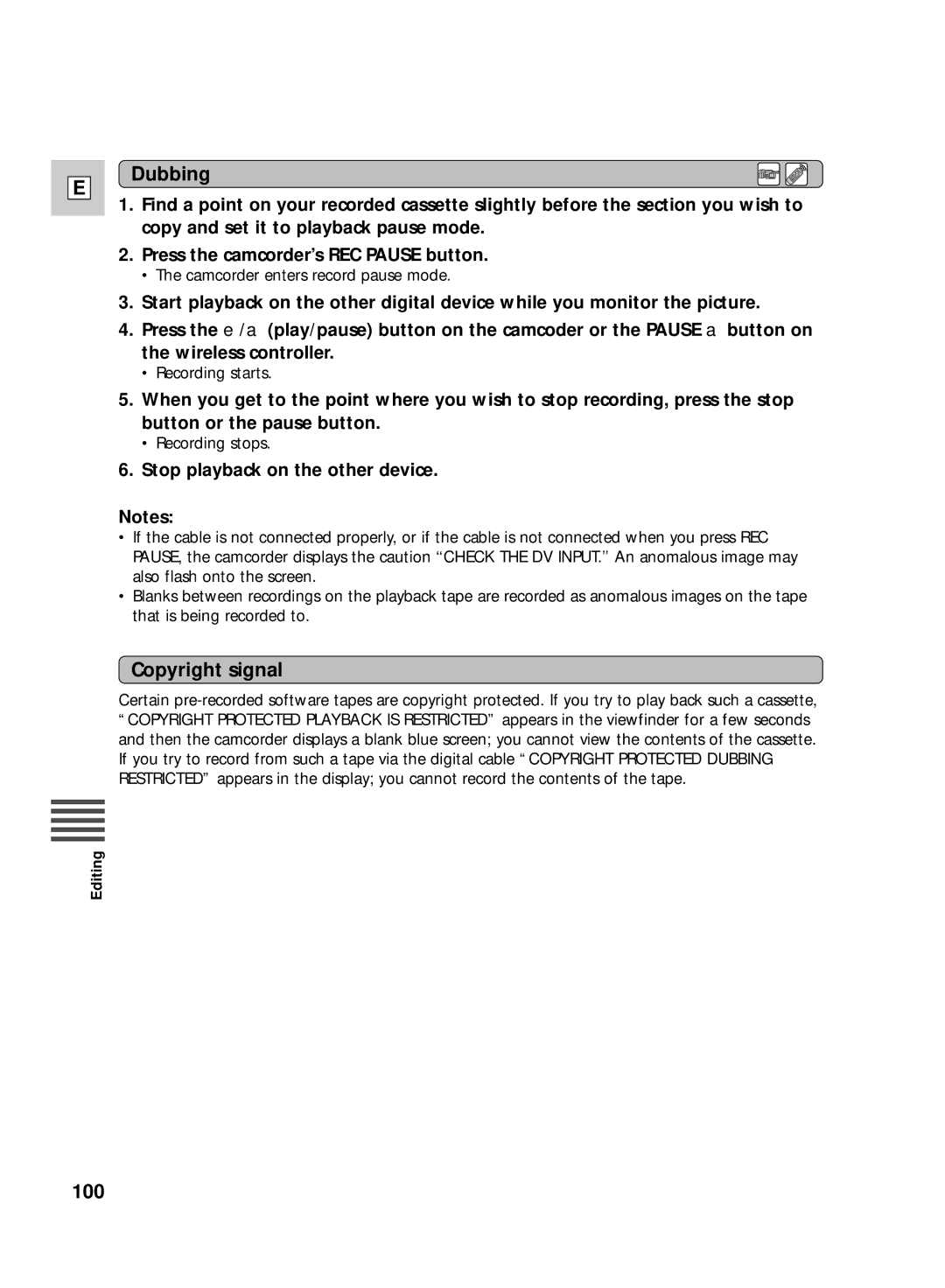 Canon GL2 instruction manual Dubbing, Copyright signal, Stop playback on the other device 