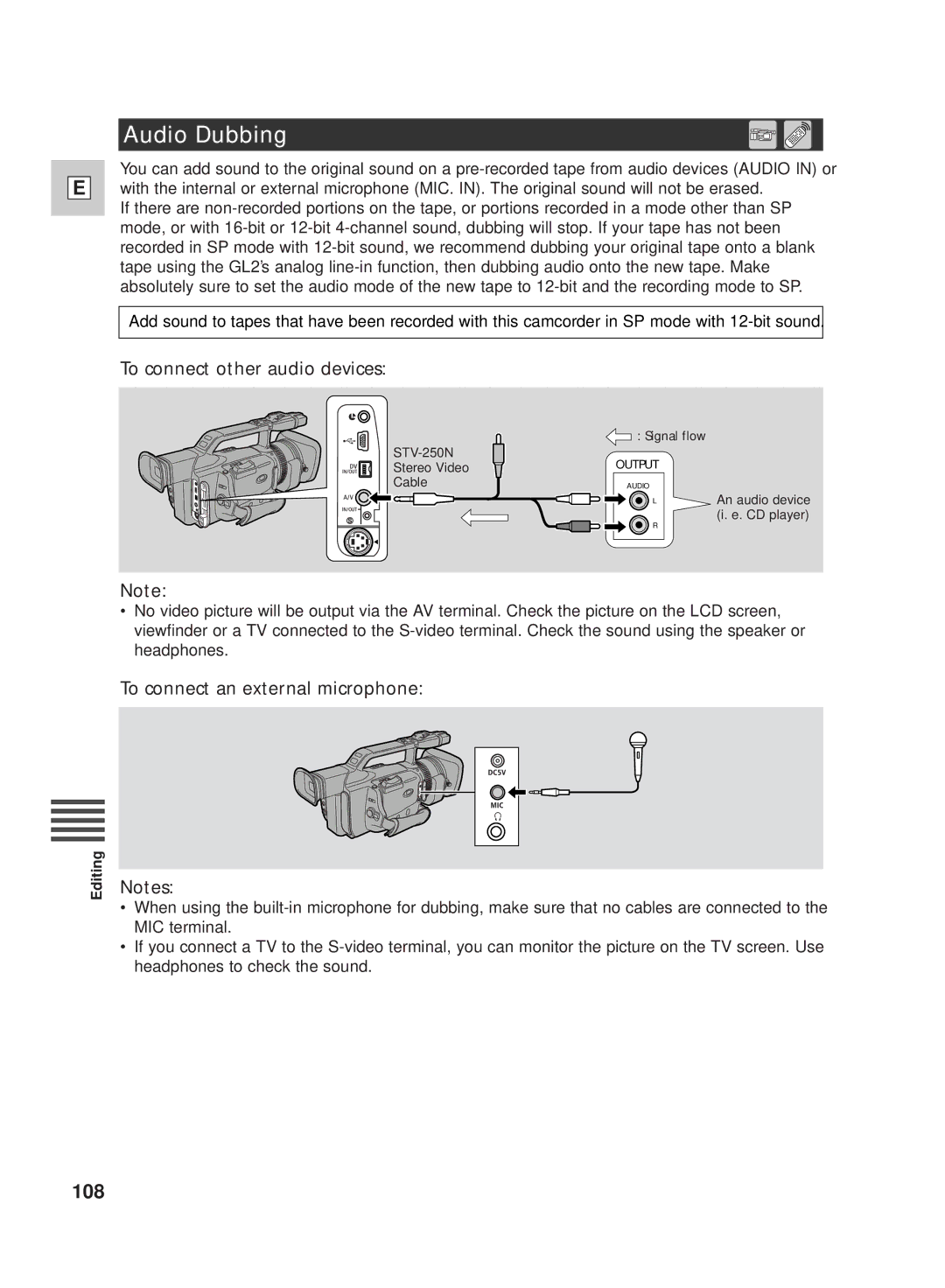 Canon GL2 instruction manual Audio Dubbing, 108, To connect other audio devices, To connect an external microphone 