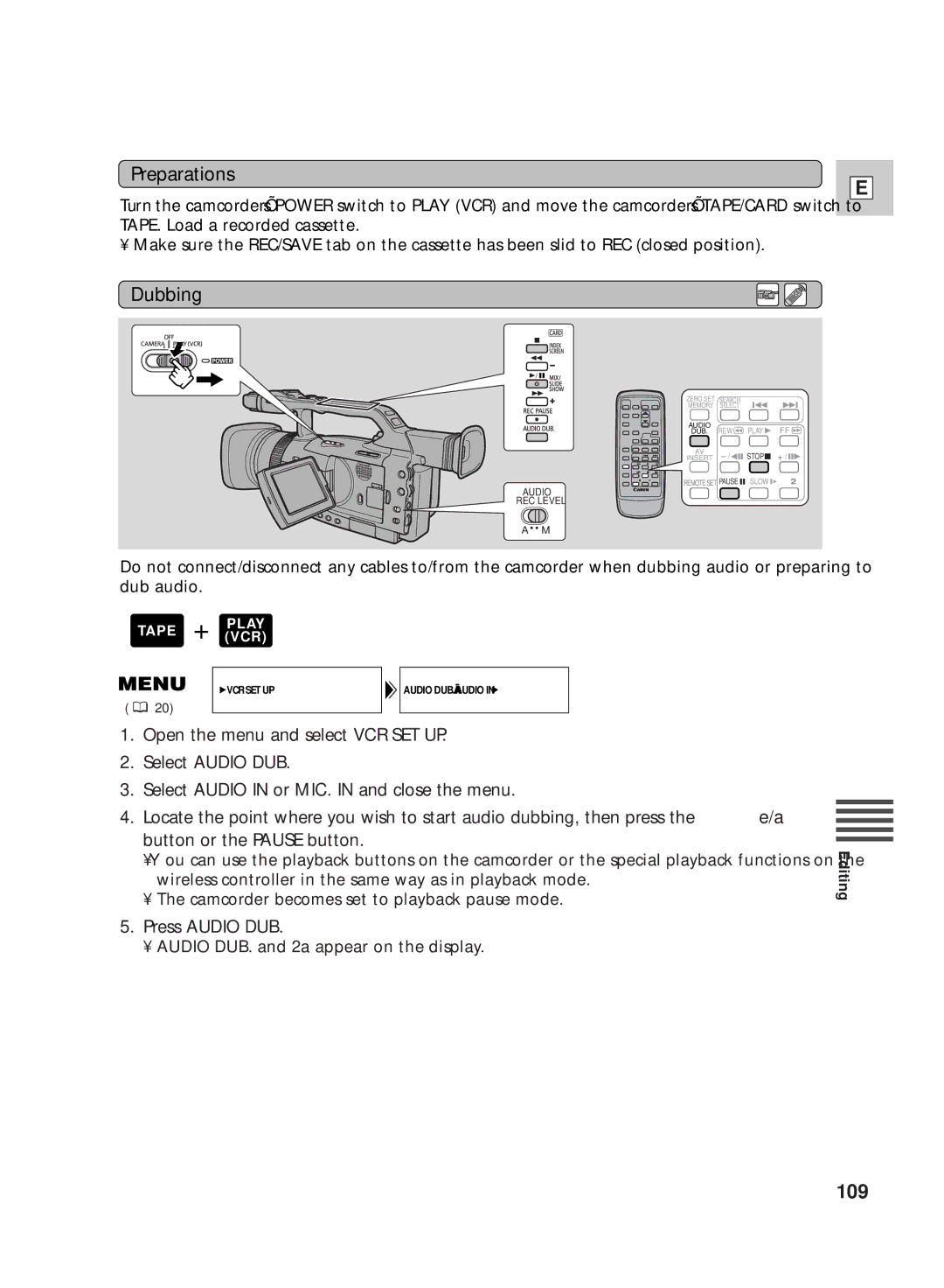 Canon GL2 instruction manual 109, Press Audio DUB 