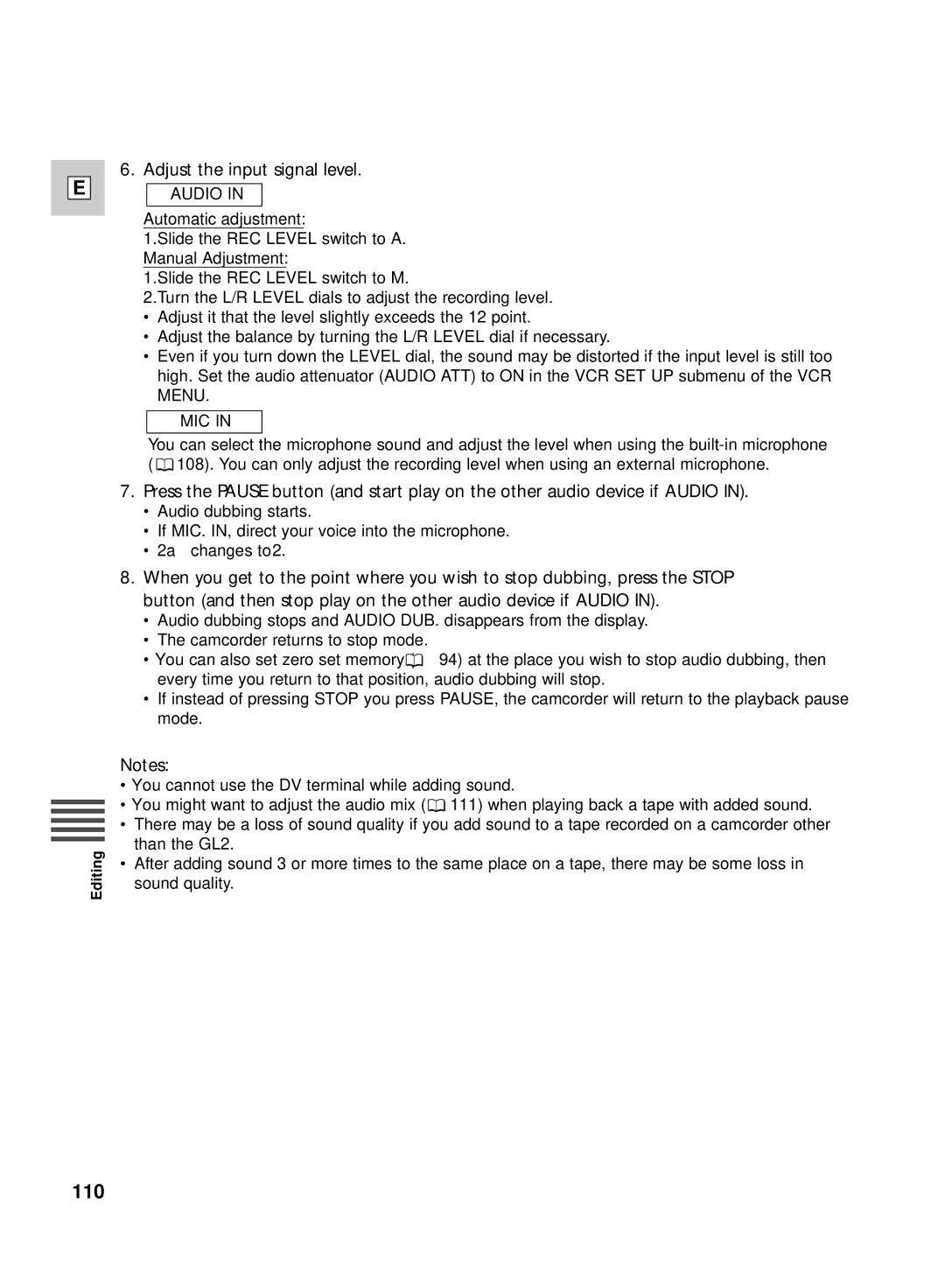 Canon GL2 instruction manual Adjust the input signal level, Audio 