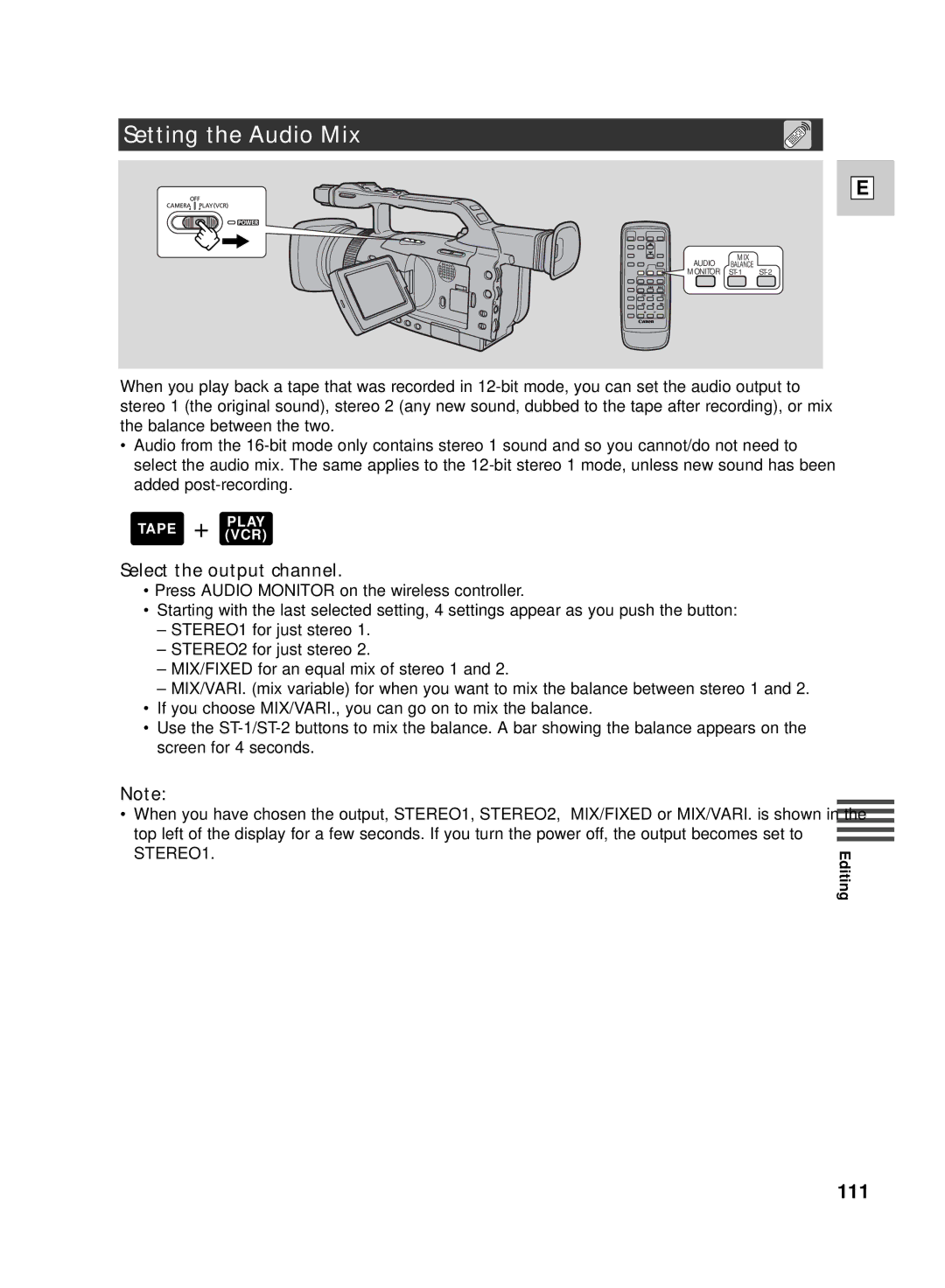 Canon GL2 instruction manual Setting the Audio Mix, Select the output channel 