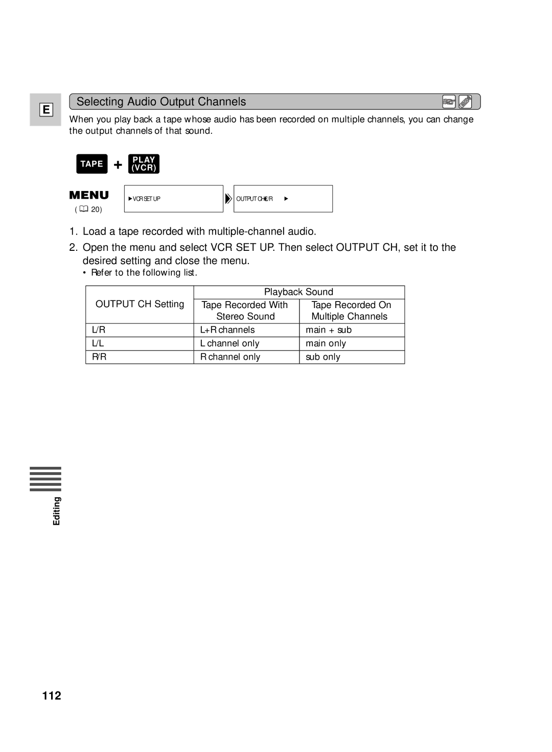 Canon GL2 instruction manual Selecting Audio Output Channels, Playback Sound 