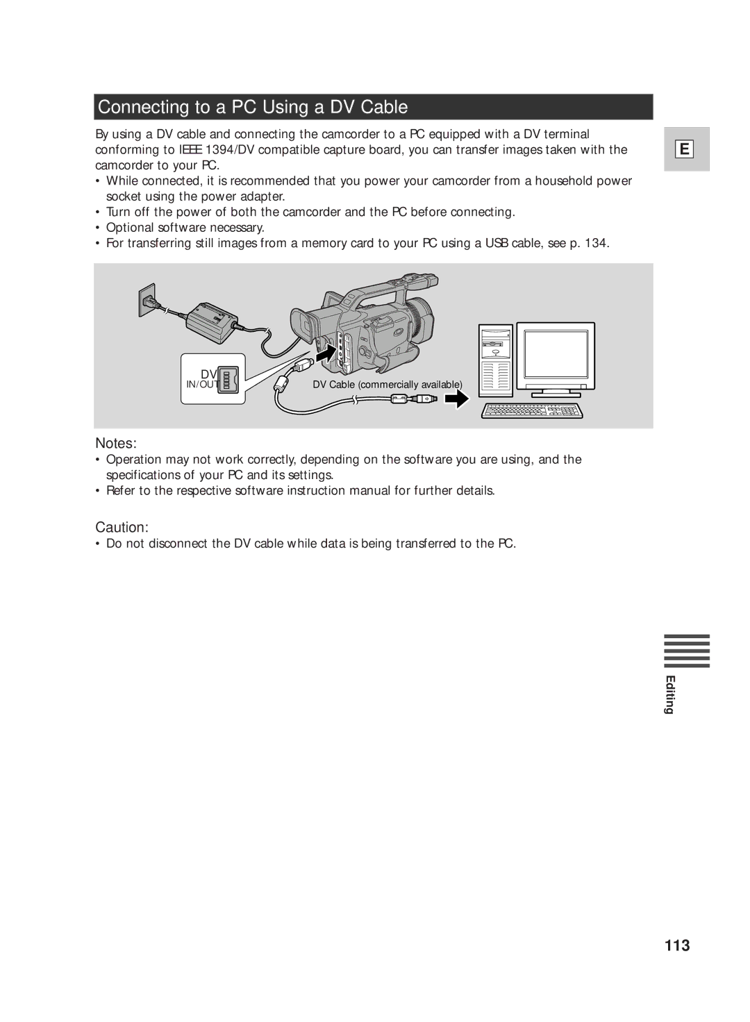 Canon GL2 instruction manual Connecting to a PC Using a DV Cable, 113 