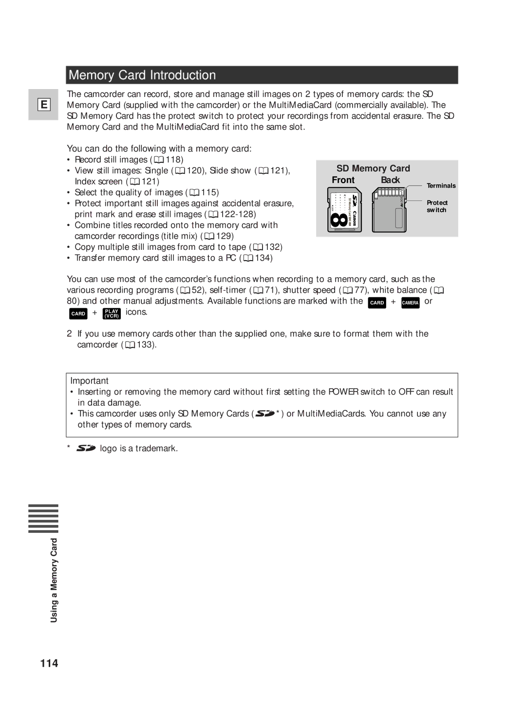 Canon GL2 instruction manual Memory Card Introduction, 114, You can do the following with a memory card 