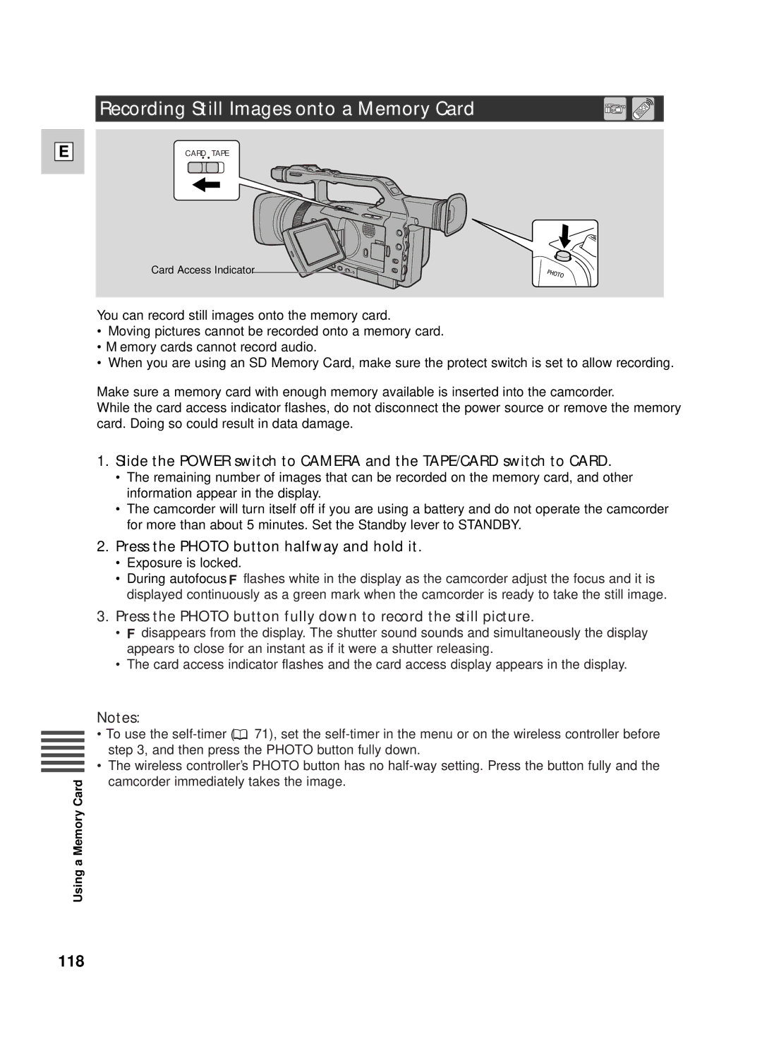 Canon GL2 instruction manual Recording Still Images onto a Memory Card, Press the Photo button halfway and hold it 