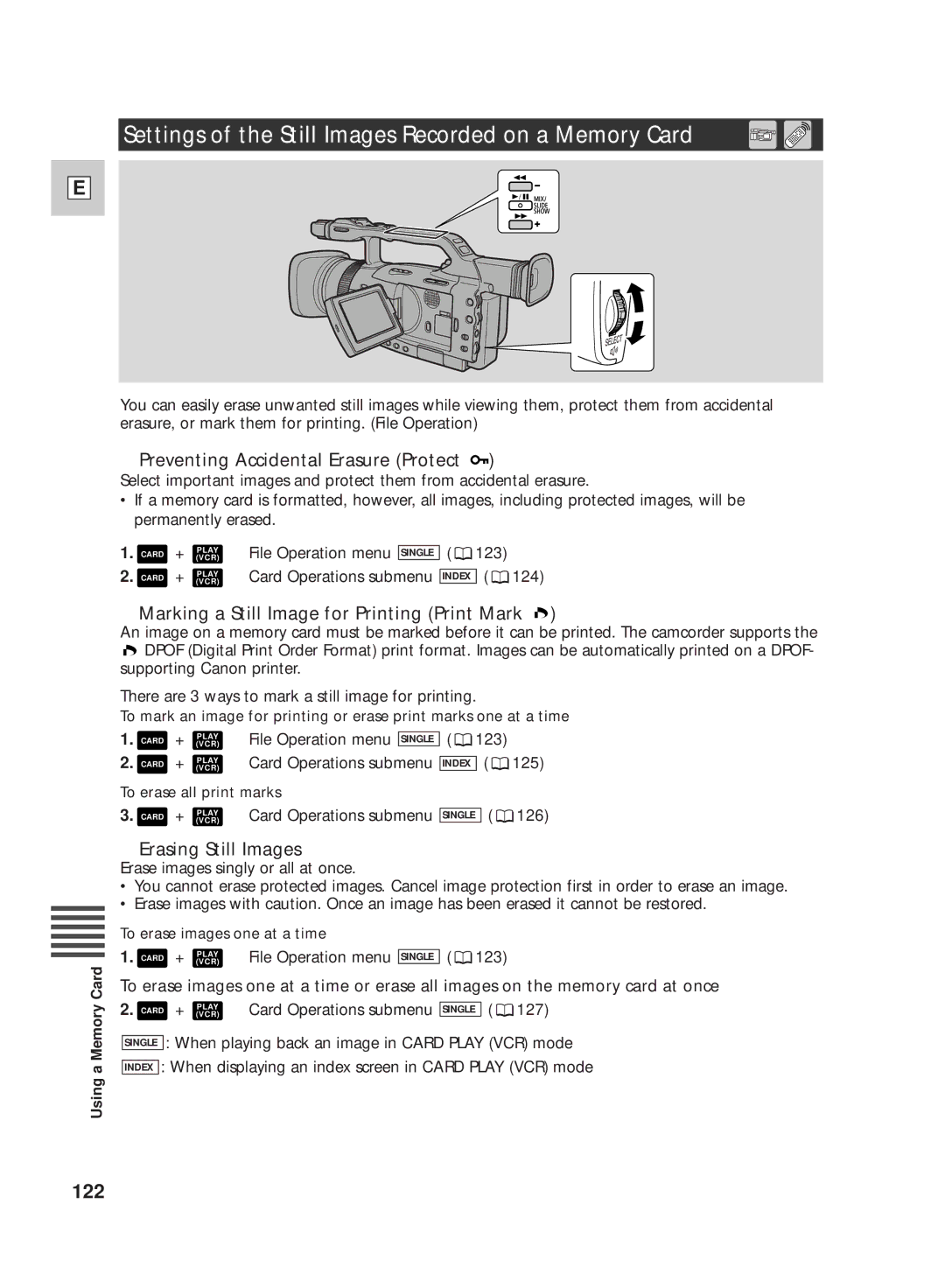 Canon GL2 Settings of the Still Images Recorded on a Memory Card, 122, Preventing Accidental Erasure Protect 