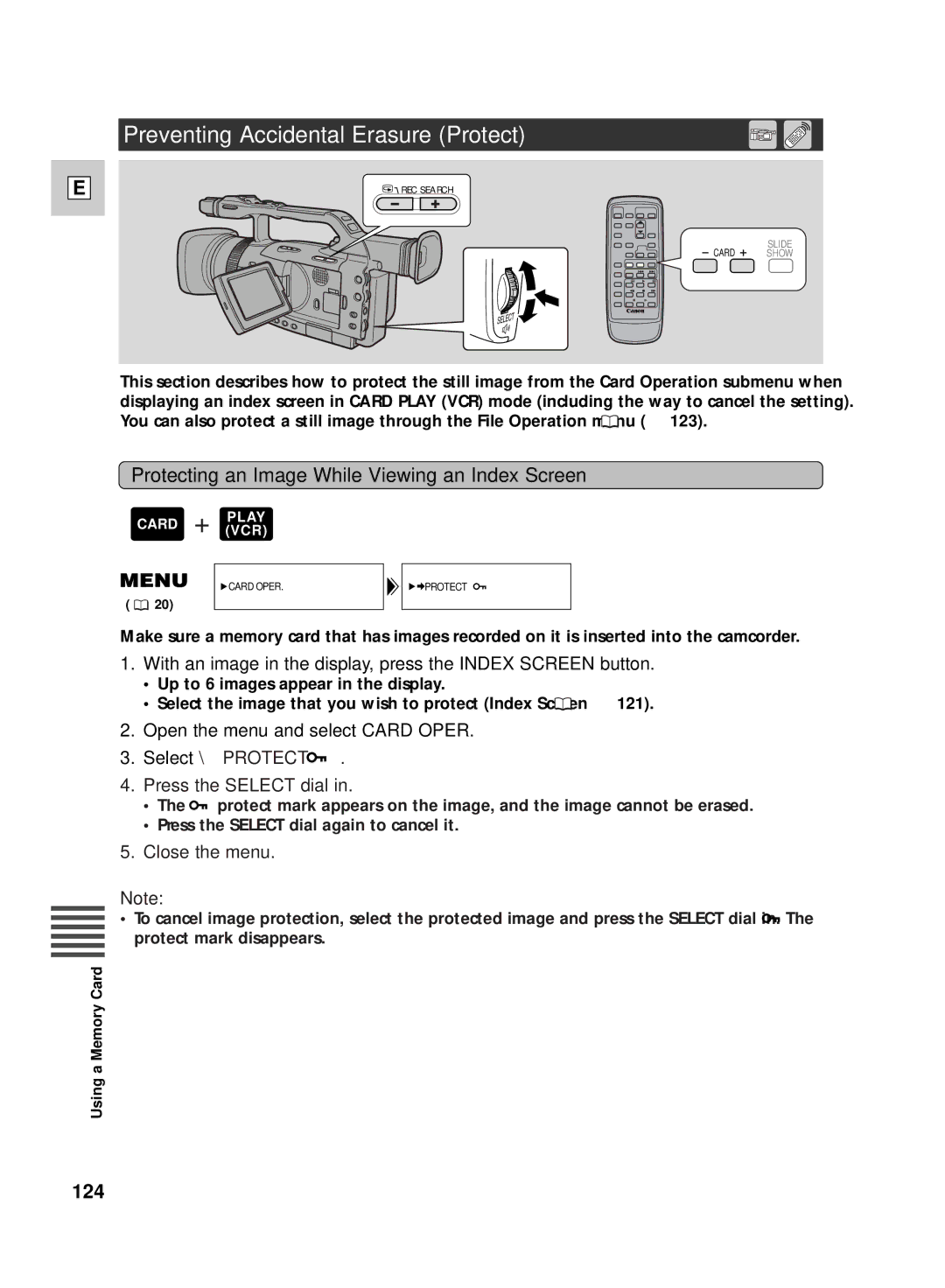 Canon GL2 instruction manual Preventing Accidental Erasure Protect, Protecting an Image While Viewing an Index Screen 