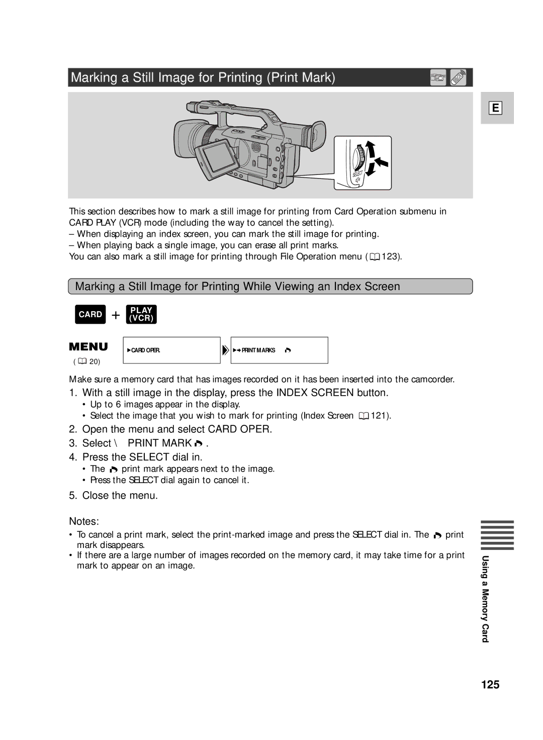 Canon GL2 instruction manual Marking a Still Image for Printing Print Mark, Close the menu 