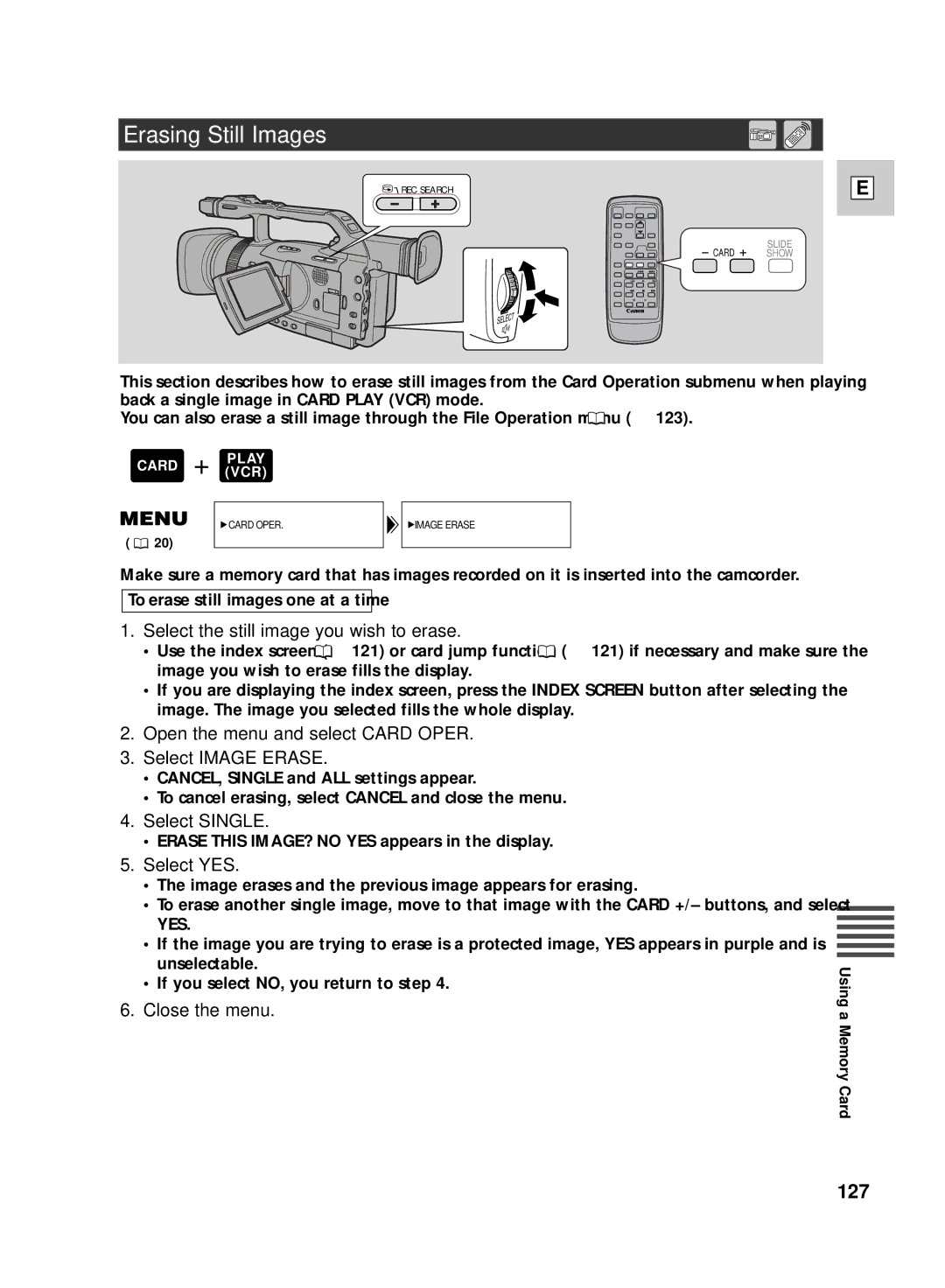 Canon GL2 instruction manual Erasing Still Images, Select the still image you wish to erase, Select Single 