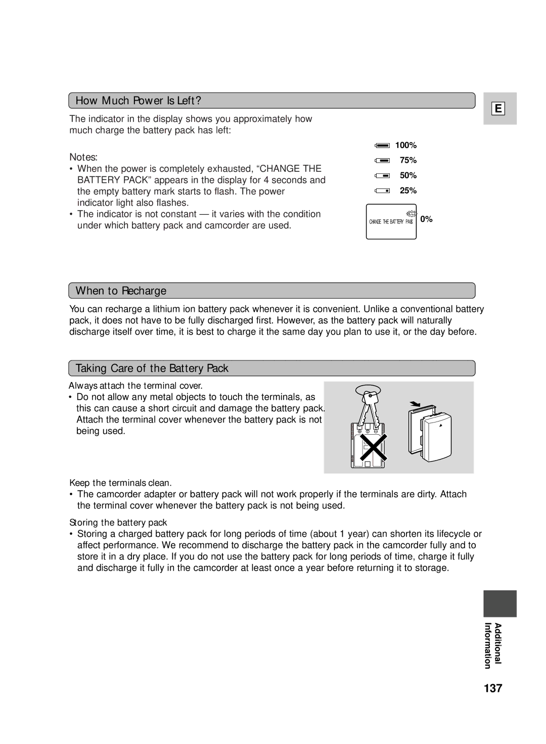 Canon GL2 instruction manual How Much Power Is Left?, When to Recharge, Taking Care of the Battery Pack 