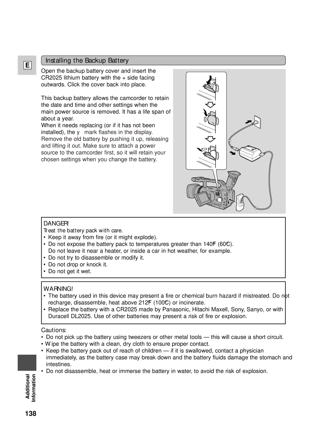 Canon GL2 instruction manual Installing the Backup Battery, Treat the battery pack with care 