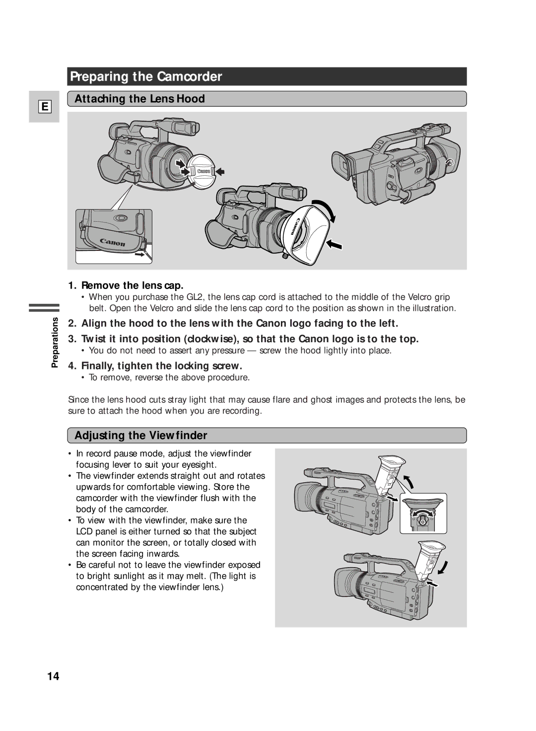 Canon GL2 Preparing the Camcorder, Attaching the Lens Hood, Adjusting the Viewfinder, Remove the lens cap 