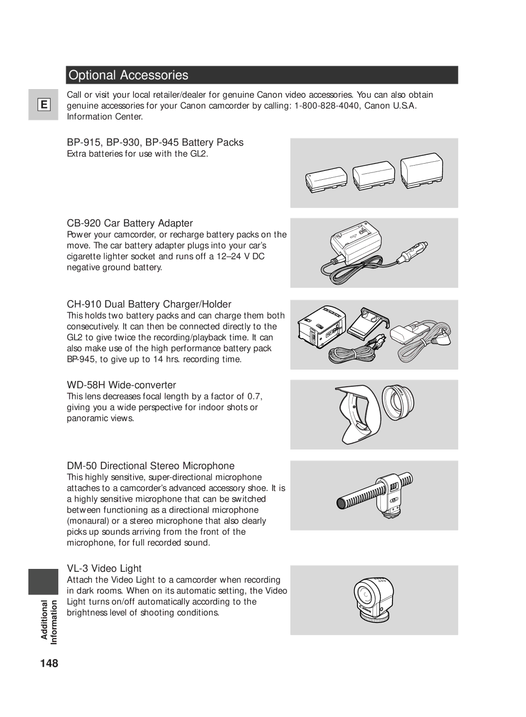 Canon GL2 instruction manual Optional Accessories, 148 