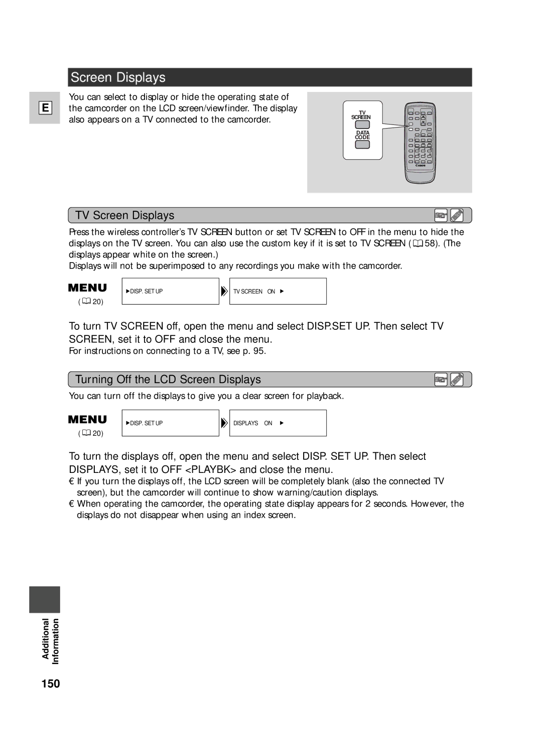 Canon GL2 instruction manual TV Screen Displays, Turning Off the LCD Screen Displays 