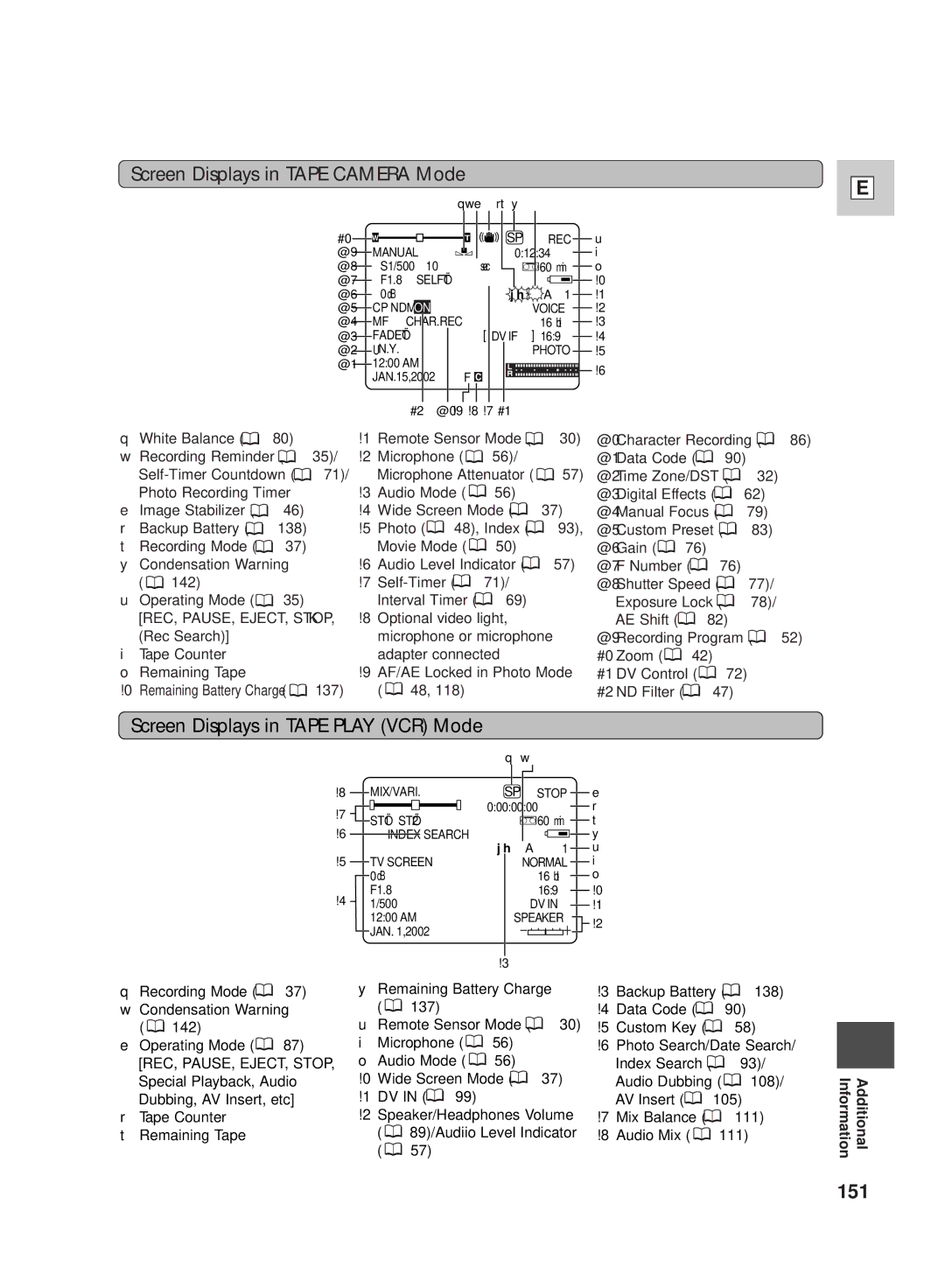 Canon GL2 instruction manual Screen Displays in Tape Play VCR Mode, 151 