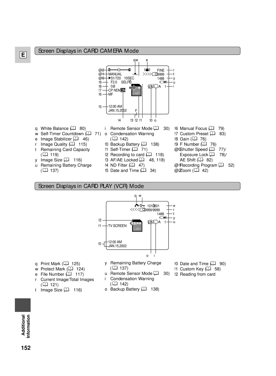 Canon GL2 instruction manual Screen Displays in Card Camera Mode, Screen Displays in Card Play VCR Mode 